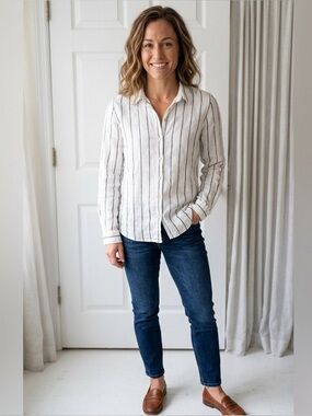 Joie off-white Button-Down Shirt with dark gray Vertical Stripes